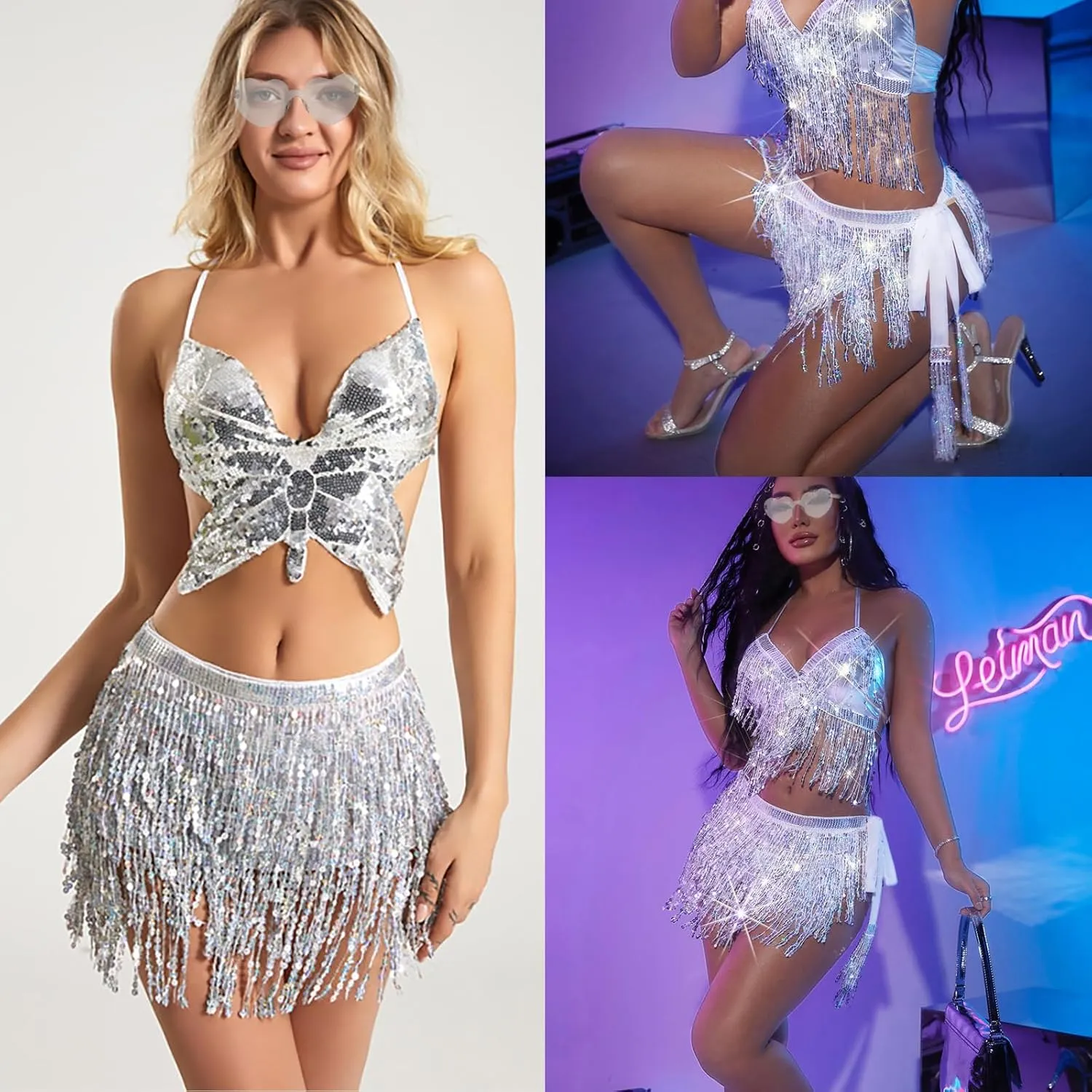 2 Pack Women's Sequin Fringe Skirt Sparkle Tassel Skirts Belly Dance Hip Scarf Halloween Festival Party Rave Costume