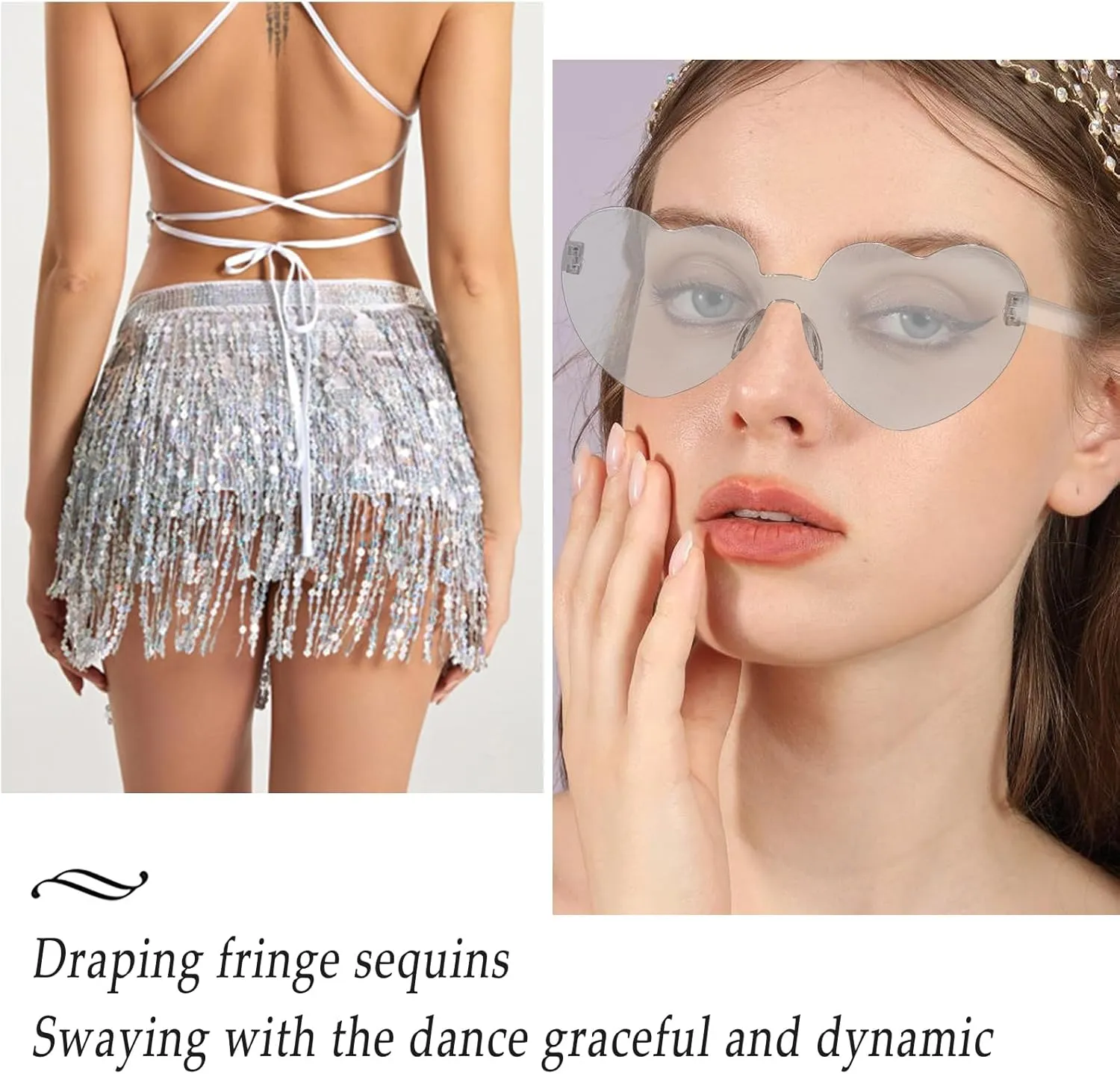 2 Pack Women's Sequin Fringe Skirt Sparkle Tassel Skirts Belly Dance Hip Scarf Halloween Festival Party Rave Costume