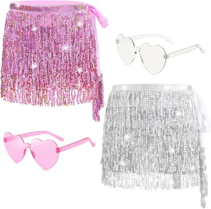 2 Pack Women's Sequin Fringe Skirt Sparkle Tassel Skirts Belly Dance Hip Scarf Halloween Festival Party Rave Costume