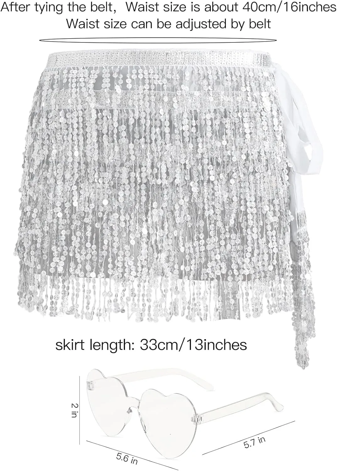 2 Pack Women's Sequin Fringe Skirt Sparkle Tassel Skirts Belly Dance Hip Scarf Halloween Festival Party Rave Costume