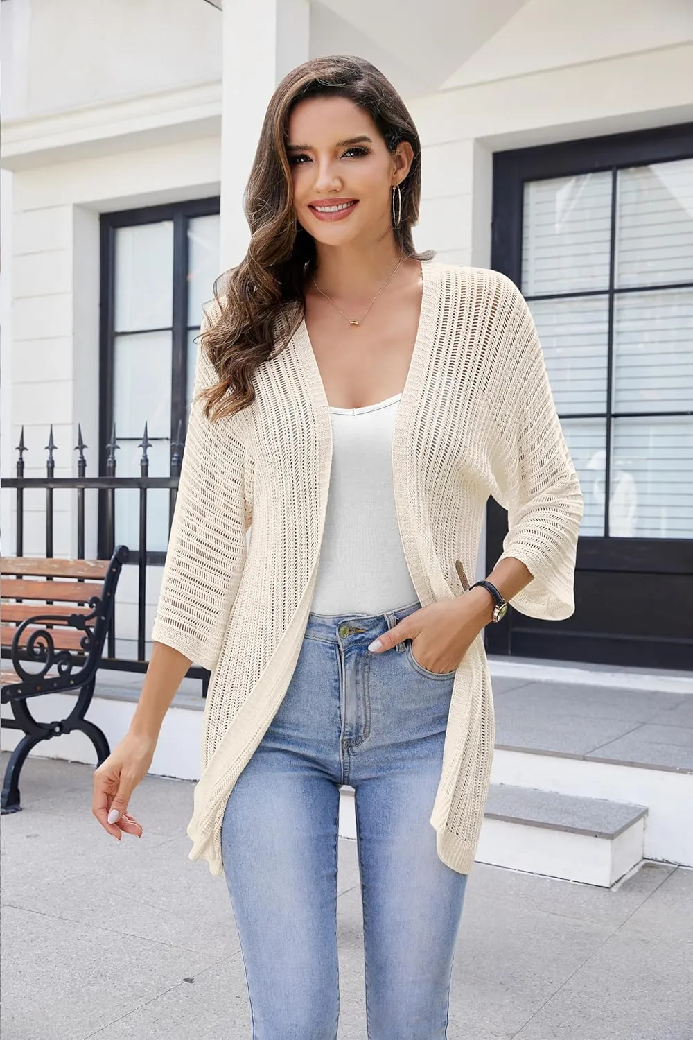 2025 Summer Women's Lightweight 3/4 Sleeve Crochet Cardigan Sweater Open Front Boho Beach Vacation Swimwear Outwear