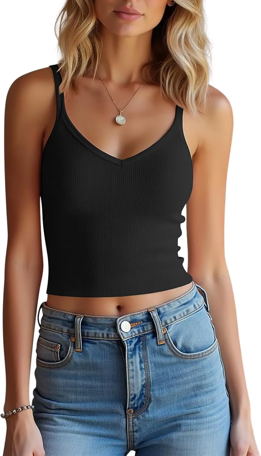 4 Pieces V Neck Tank Tops for Women Spaghetti Strap Crop Top Cotton Basic Fitted Summer Cami Shirts