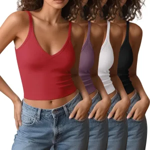 4 Pieces V Neck Tank Tops for Women Spaghetti Strap Crop Top Cotton Basic Fitted Summer Cami Shirts