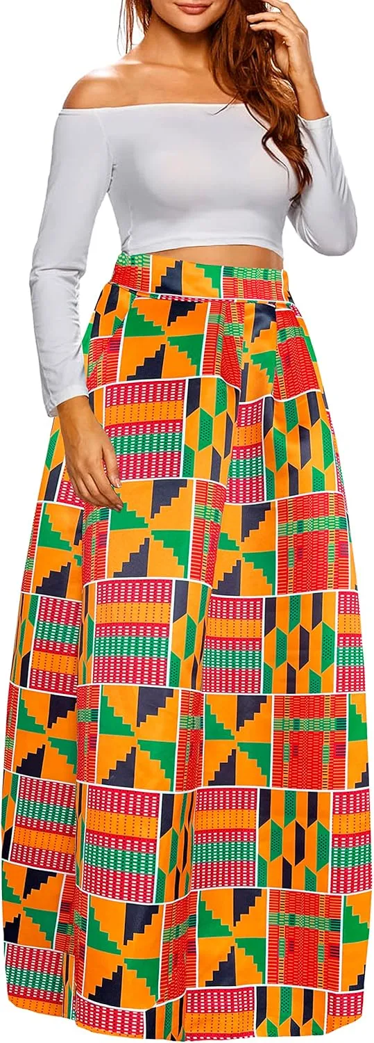 Afibi Women African Printed Maxi Skirt Flared Skirt A Line Long Skirts with Pockets S-5XL