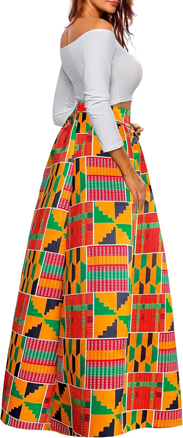 Afibi Women African Printed Maxi Skirt Flared Skirt A Line Long Skirts with Pockets S-5XL