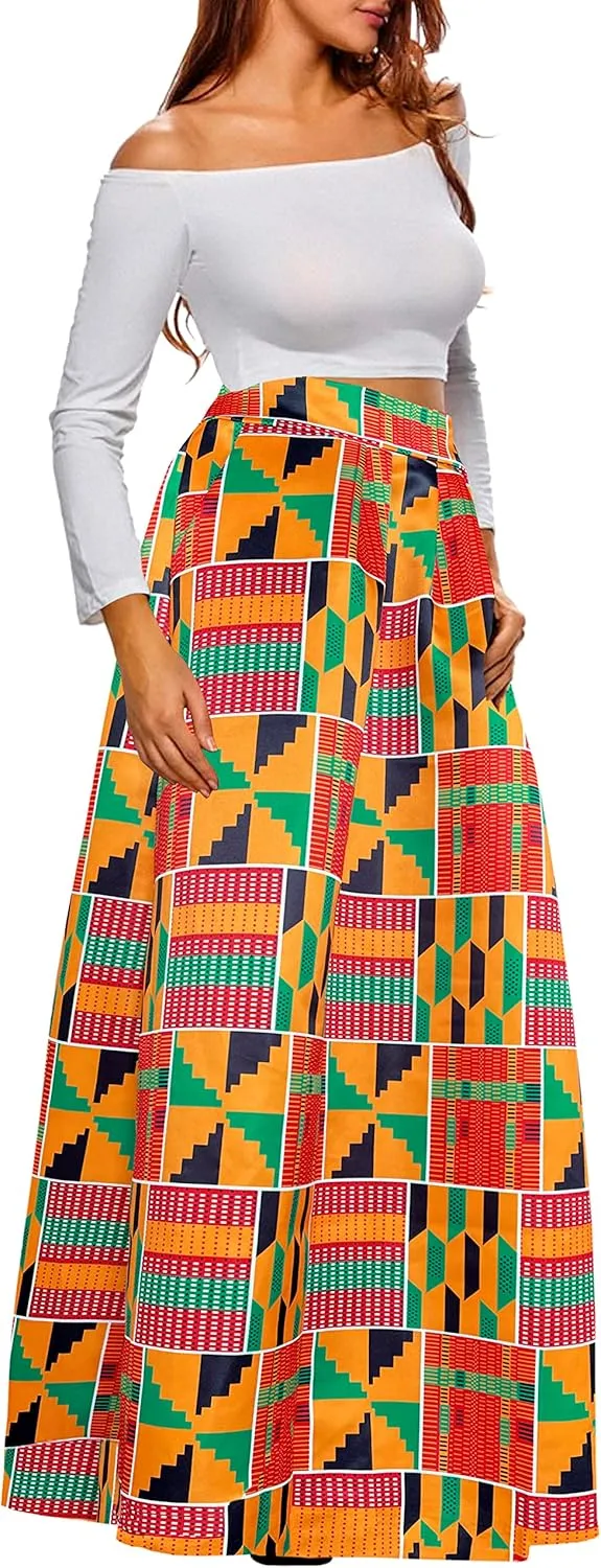 Afibi Women African Printed Maxi Skirt Flared Skirt A Line Long Skirts with Pockets S-5XL