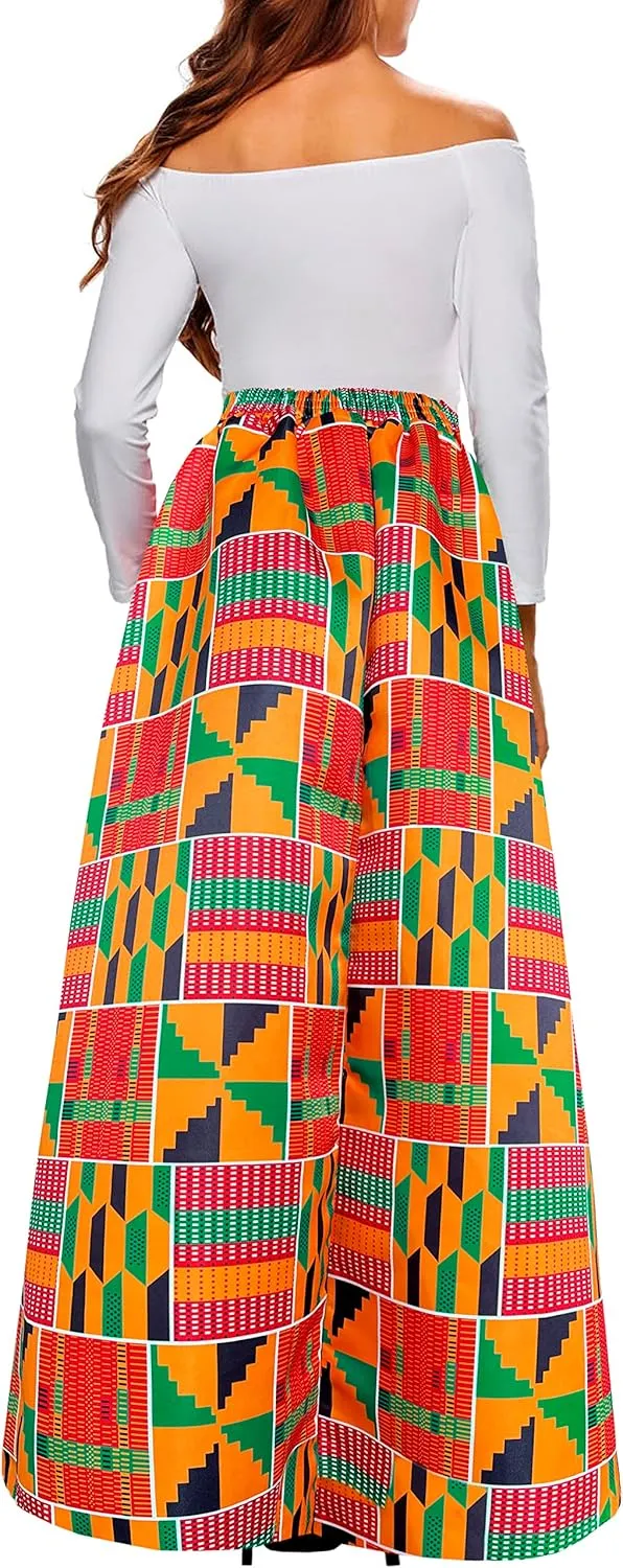 Afibi Women African Printed Maxi Skirt Flared Skirt A Line Long Skirts with Pockets S-5XL