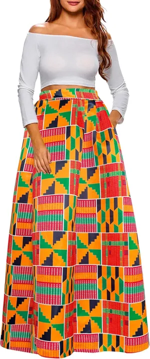 Afibi Women African Printed Maxi Skirt Flared Skirt A Line Long Skirts with Pockets S-5XL