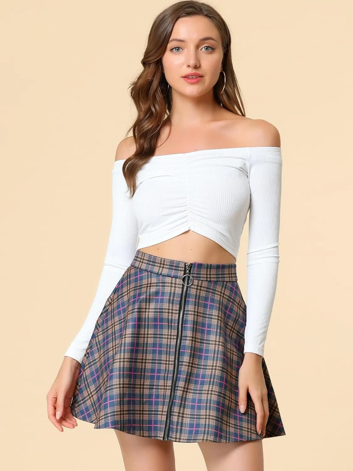 Allegra K Women's Christmas Plaid High Waist Casual A-Line Flare Zip-Up Preppy Checks Flare Mini Skirts