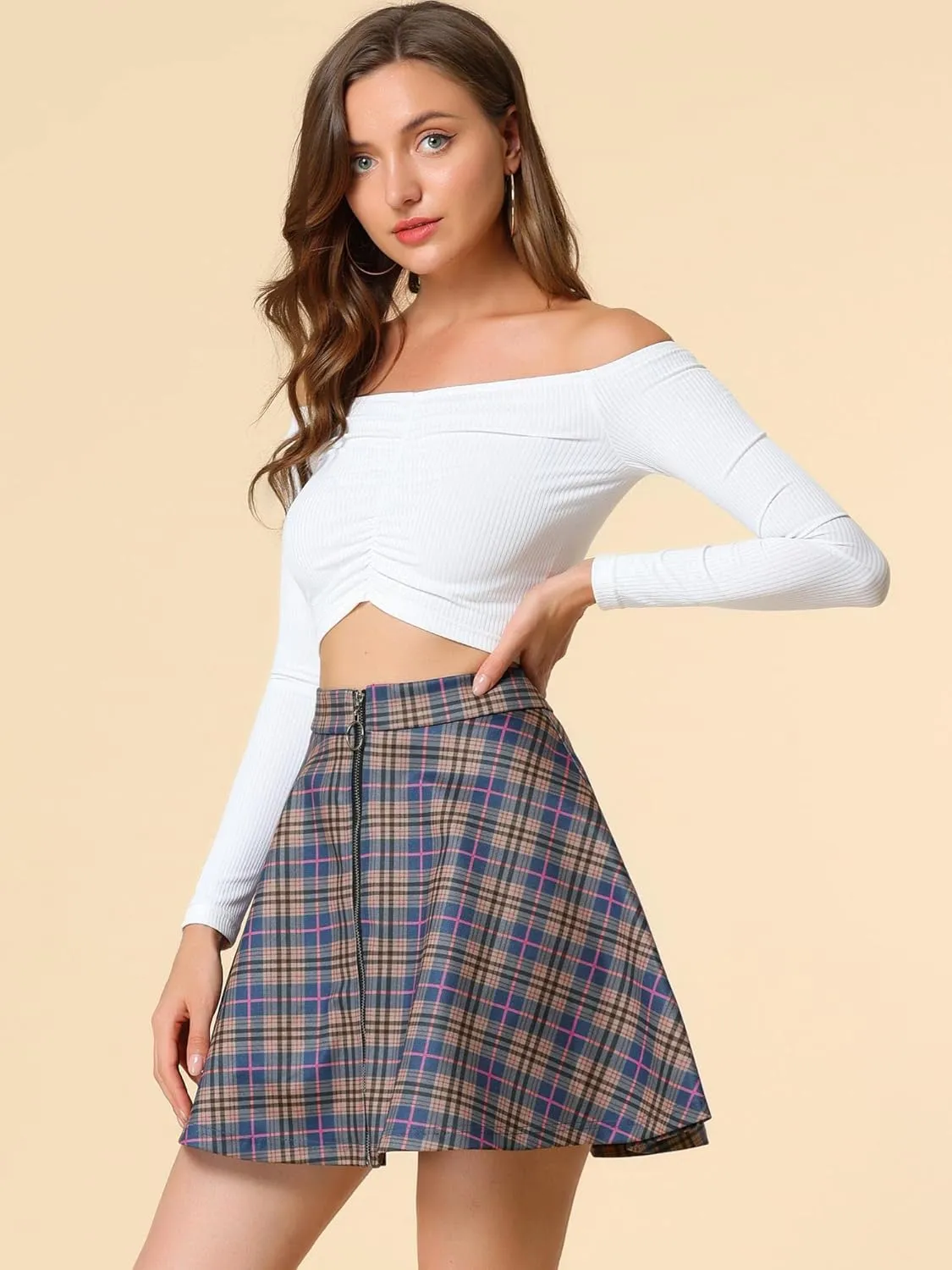 Allegra K Women's Christmas Plaid High Waist Casual A-Line Flare Zip-Up Preppy Checks Flare Mini Skirts