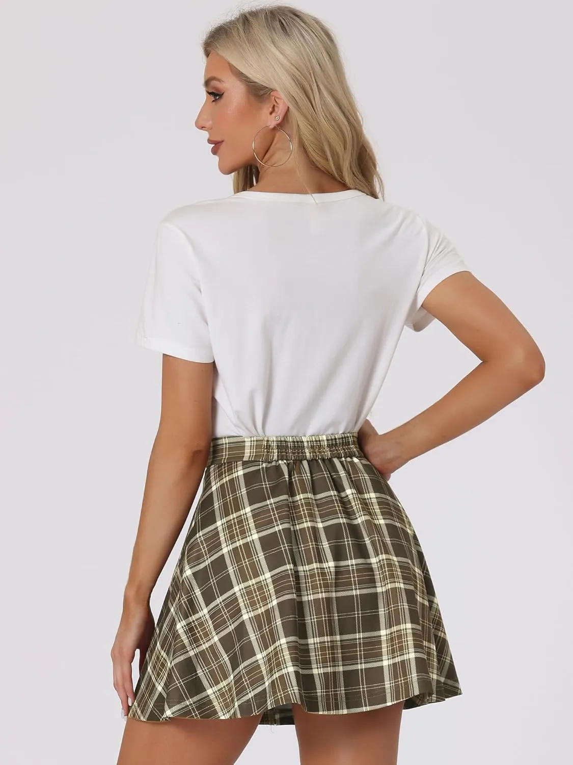 Allegra K Women's Christmas Plaid High Waist Casual A-Line Flare Zip-Up Preppy Checks Flare Mini Skirts