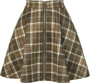 Allegra K Women's Christmas Plaid High Waist Casual A-Line Flare Zip-Up Preppy Checks Flare Mini Skirts