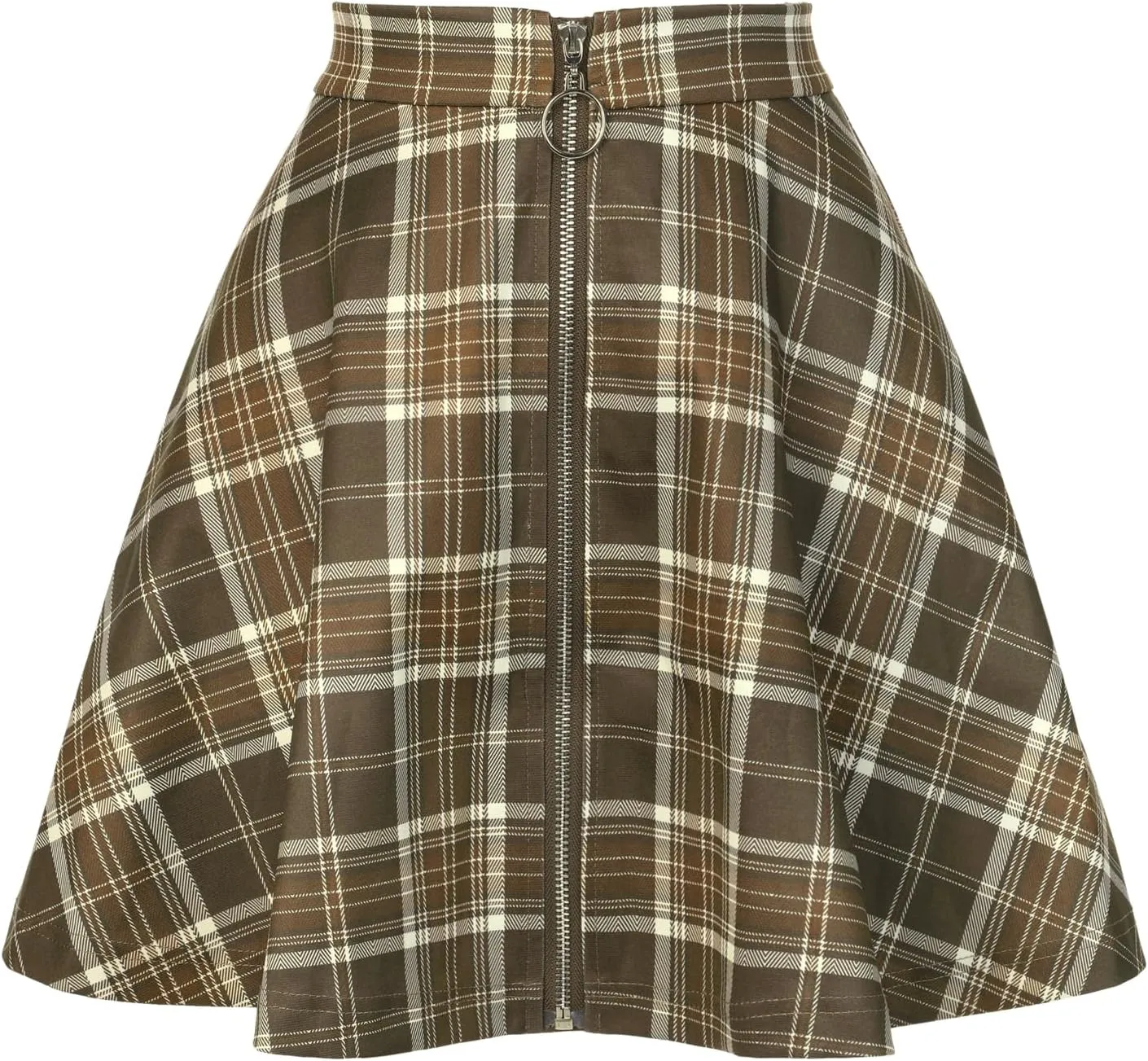 Allegra K Women's Christmas Plaid High Waist Casual A-Line Flare Zip-Up Preppy Checks Flare Mini Skirts