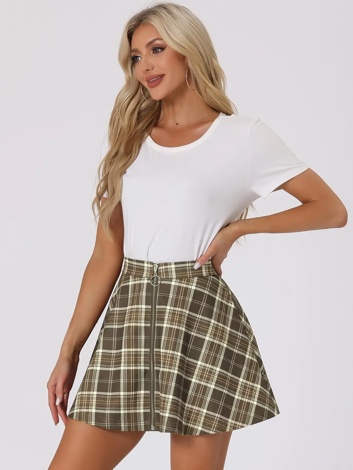 Allegra K Women's Christmas Plaid High Waist Casual A-Line Flare Zip-Up Preppy Checks Flare Mini Skirts