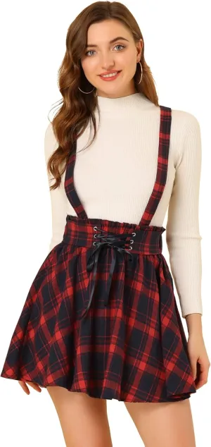 Allegra K Women's Halloween Tartan Skirt Gothic Plaid High Waist Detachable Suspender Skirts