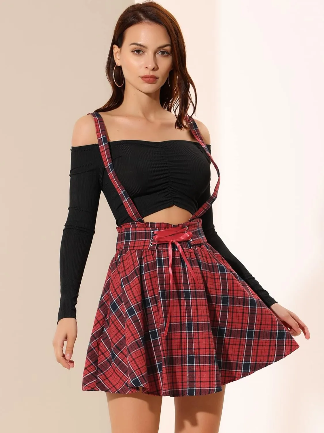 Allegra K Women's Halloween Tartan Skirt Gothic Plaid High Waist Detachable Suspender Skirts
