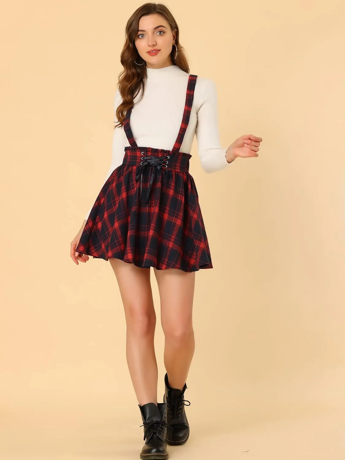 Allegra K Women's Halloween Tartan Skirt Gothic Plaid High Waist Detachable Suspender Skirts