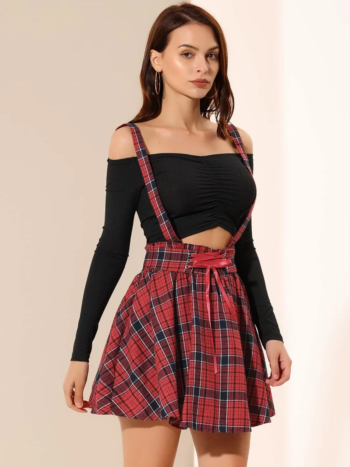 Allegra K Women's Halloween Tartan Skirt Gothic Plaid High Waist Detachable Suspender Skirts