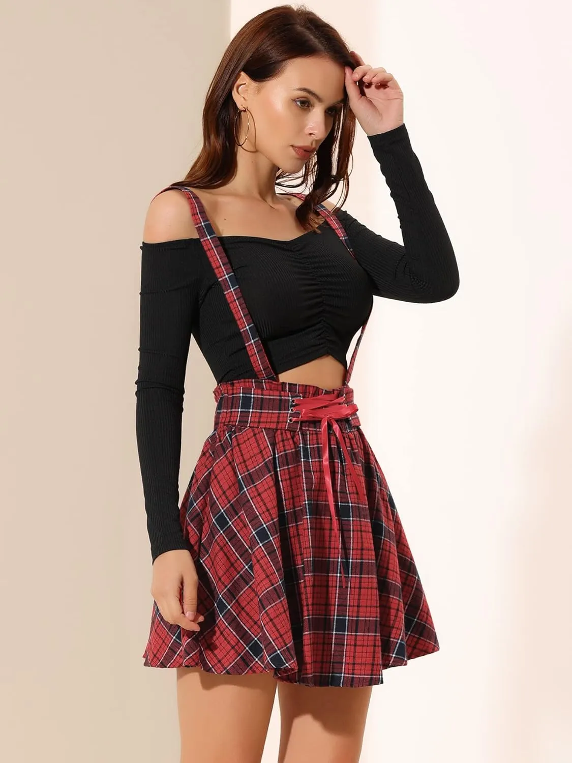 Allegra K Women's Halloween Tartan Skirt Gothic Plaid High Waist Detachable Suspender Skirts
