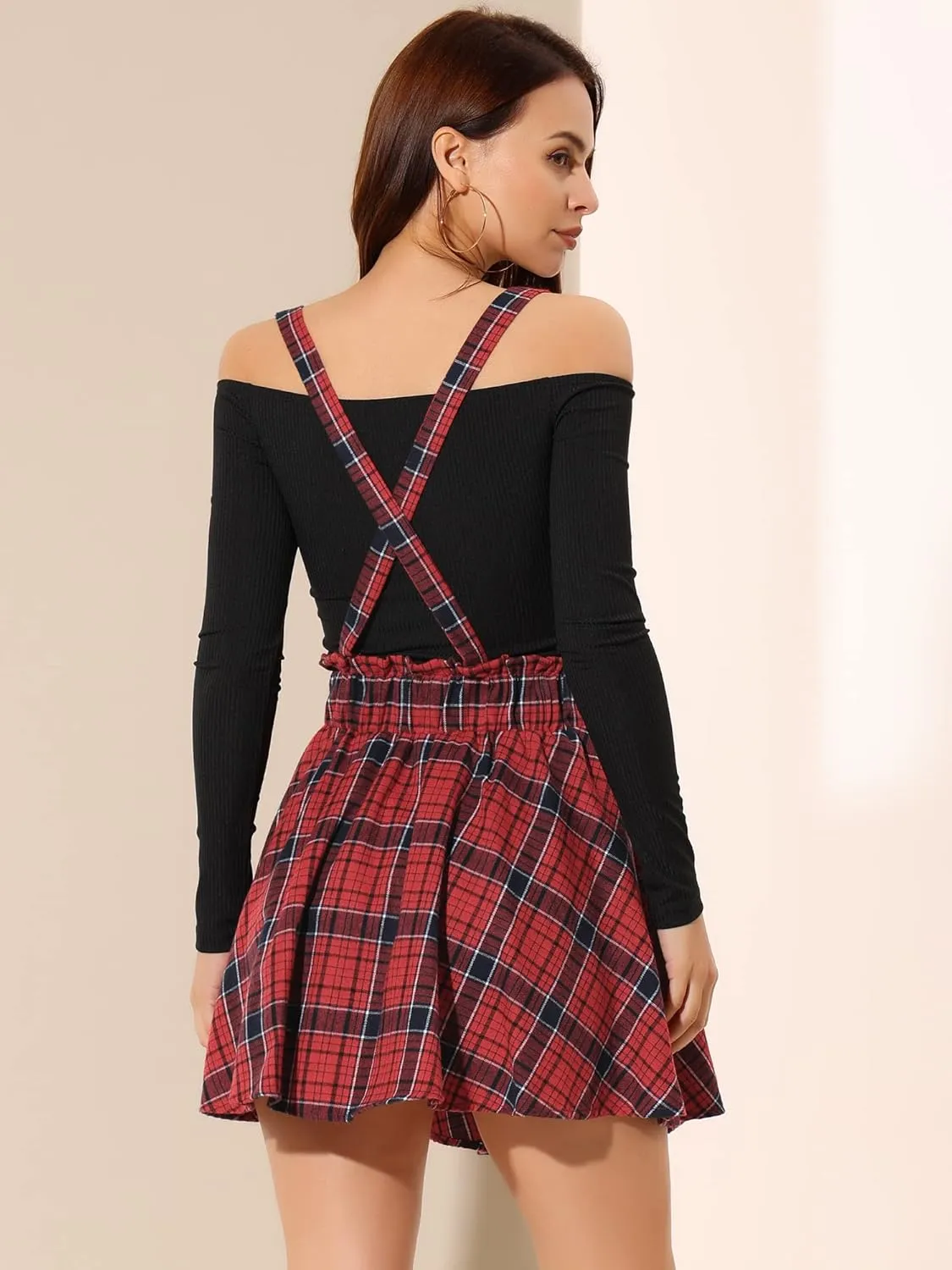 Allegra K Women's Halloween Tartan Skirt Gothic Plaid High Waist Detachable Suspender Skirts