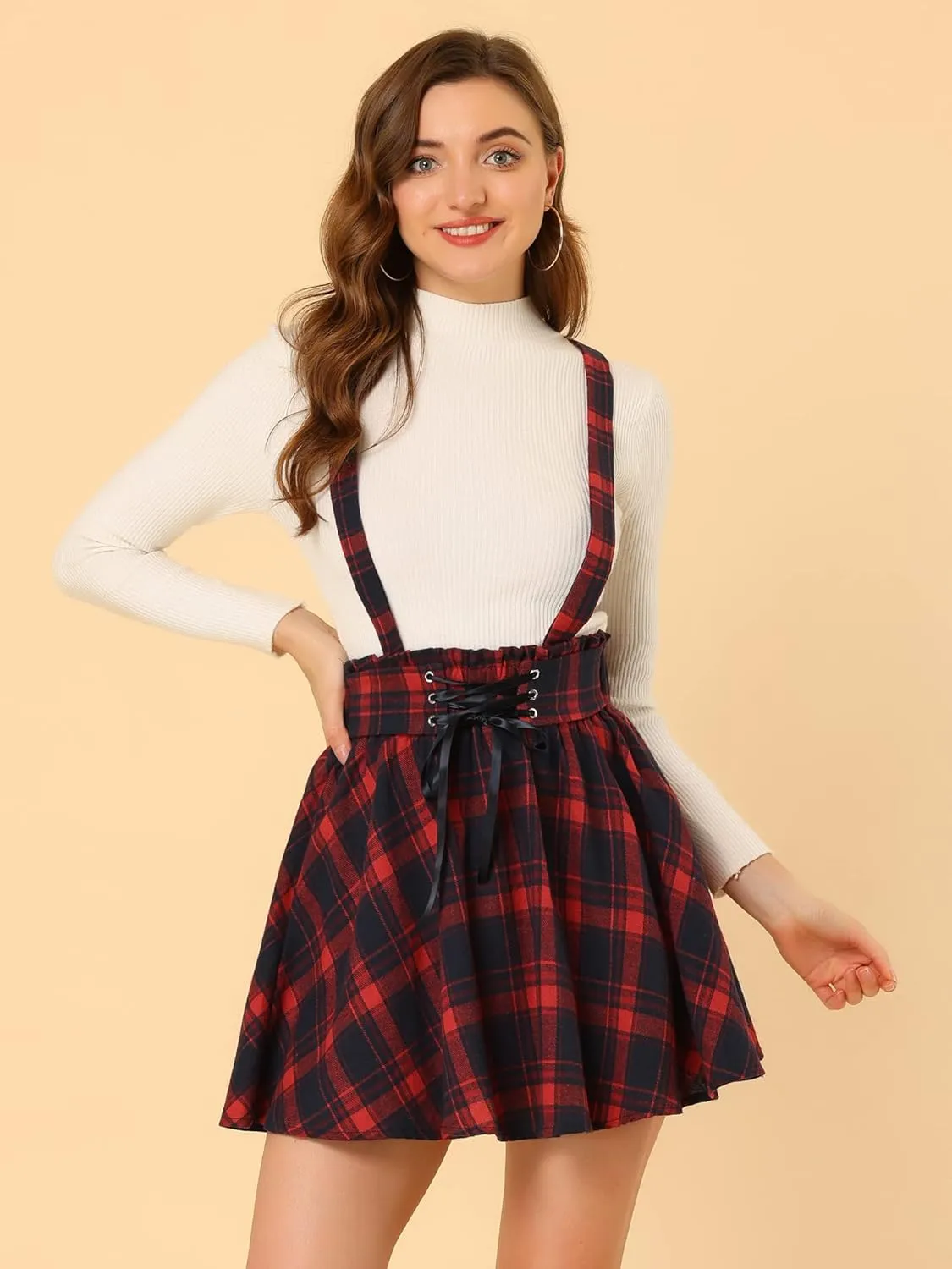 Allegra K Women's Halloween Tartan Skirt Gothic Plaid High Waist Detachable Suspender Skirts