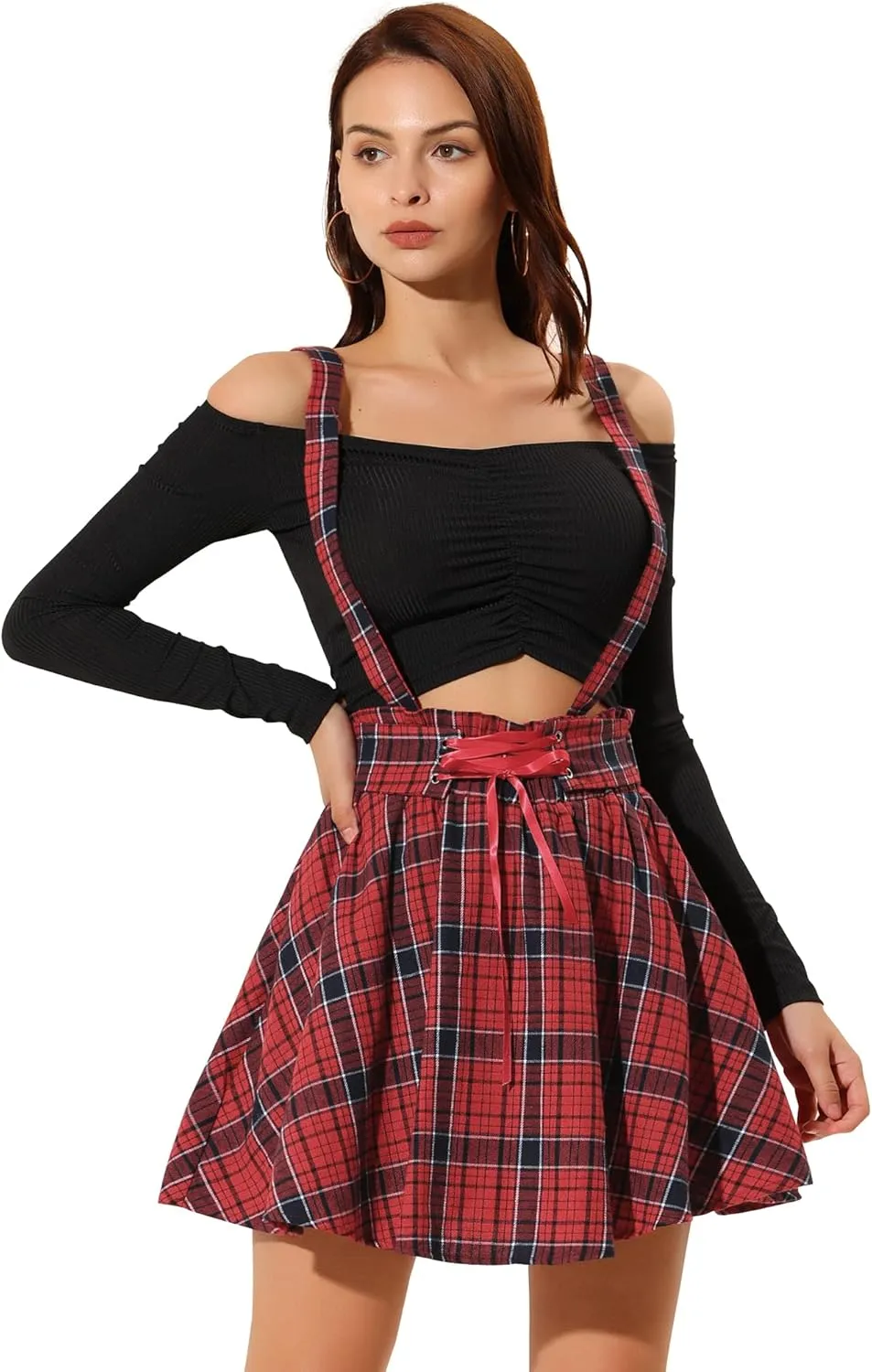 Allegra K Women's Halloween Tartan Skirt Gothic Plaid High Waist Detachable Suspender Skirts