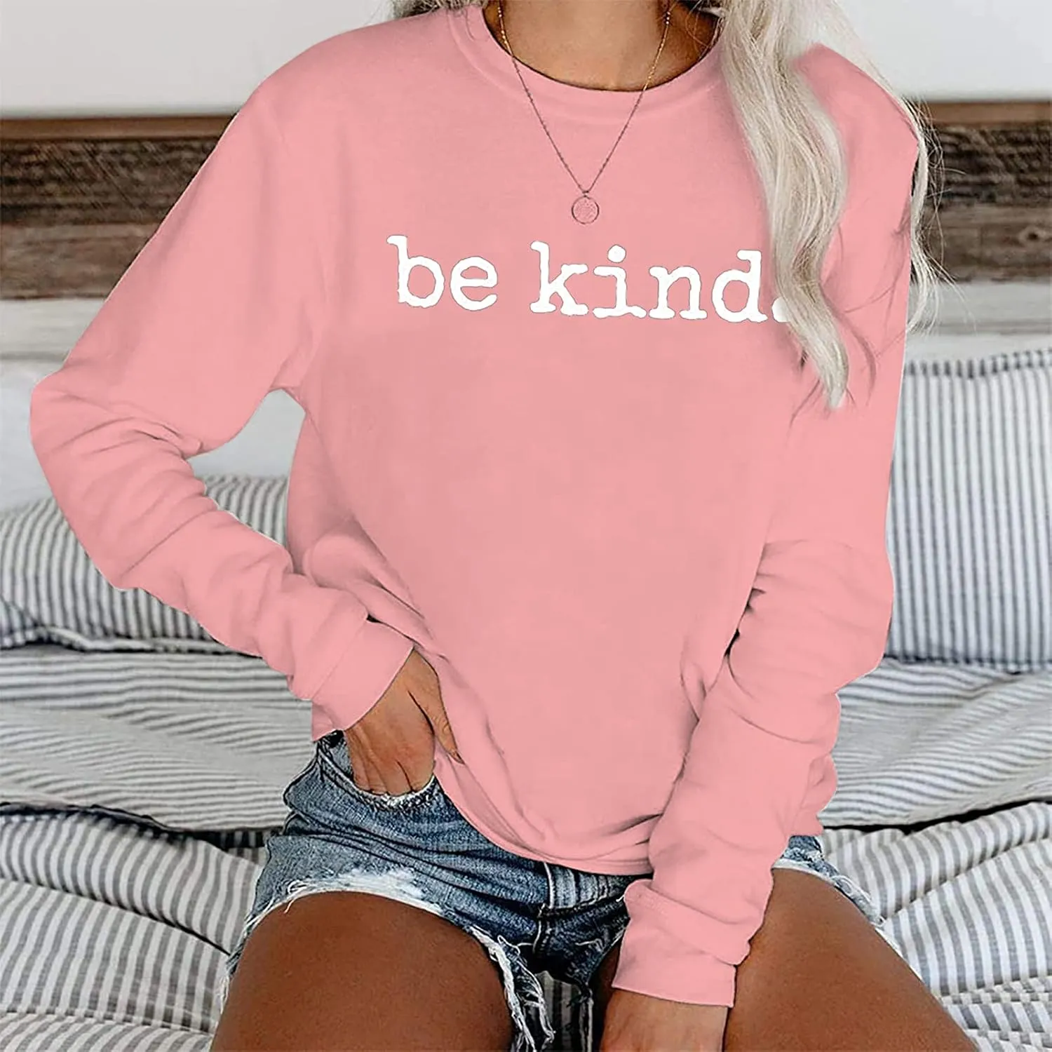 ASTANFY Be Kind Sweatshirt Womens Letter Print Pullover Long Sleeves Blessed Top Blouse