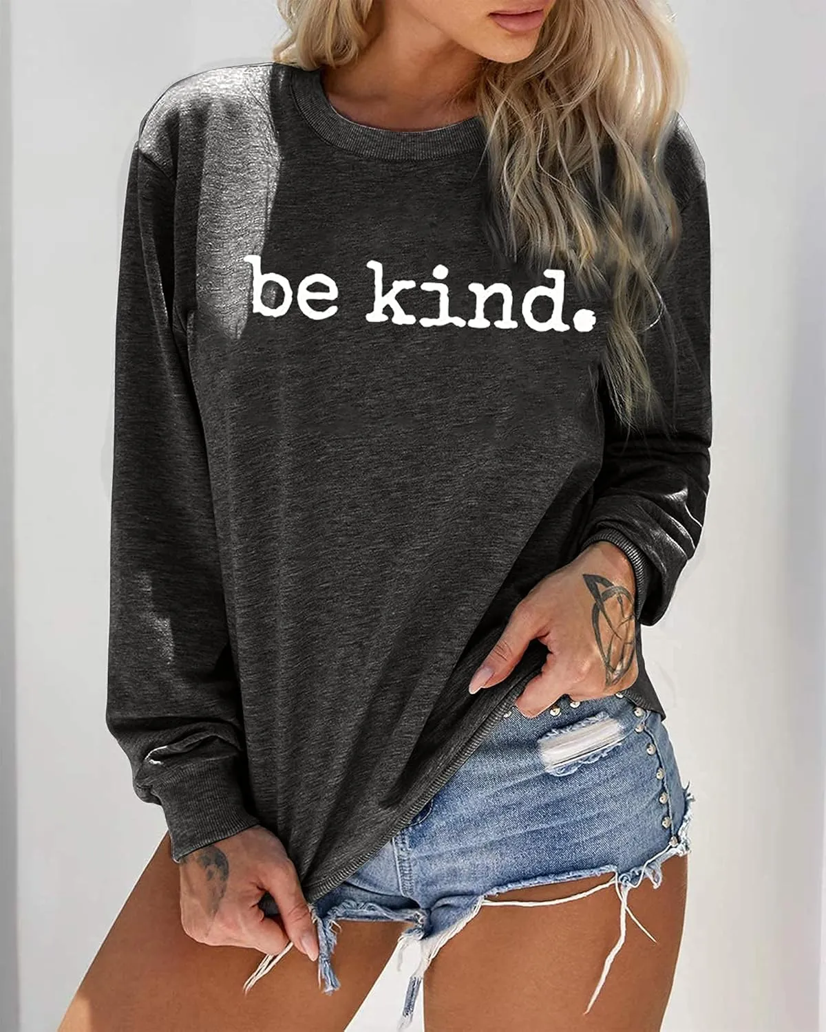 ASTANFY Be Kind Sweatshirt Womens Letter Print Pullover Long Sleeves Blessed Top Blouse