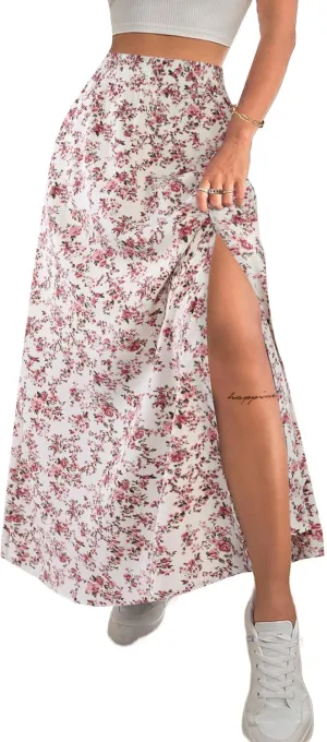 Avanova Women Boho Floral Slit Maxi Skirt Split Thigh High Waisted Long Sexy Skirt Pink Floral Large