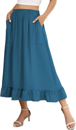 Berydress Women's Midi Skirts with Pockets Elastic High Waist Flowy Swing A Line Casual Tiered Ruffle Skirt