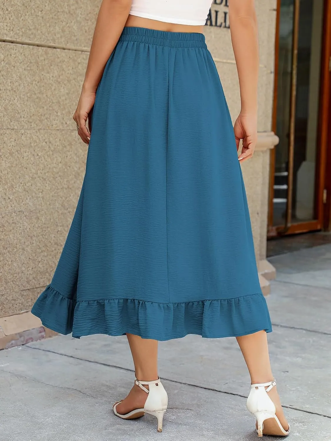 Berydress Women's Midi Skirts with Pockets Elastic High Waist Flowy Swing A Line Casual Tiered Ruffle Skirt