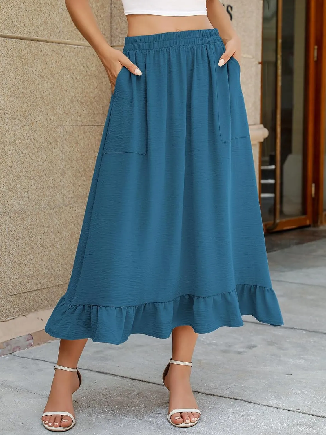 Berydress Women's Midi Skirts with Pockets Elastic High Waist Flowy Swing A Line Casual Tiered Ruffle Skirt