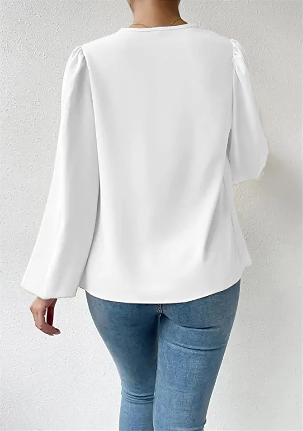 BOFETA Women's Elegant Cowl Neck Satin Blouse Lantern Long Sleeve Shirts Work Solid Color Tunic Shirt