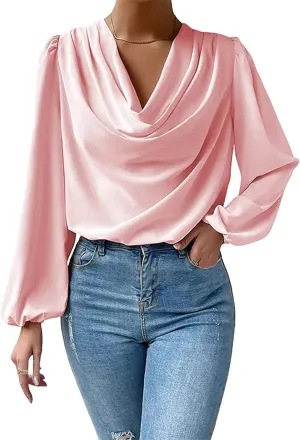 BOFETA Women's Elegant Cowl Neck Satin Blouse Lantern Long Sleeve Shirts Work Solid Color Tunic Shirt