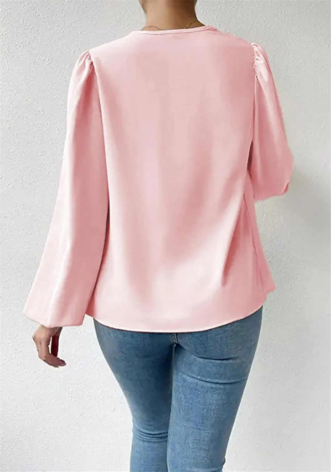BOFETA Women's Elegant Cowl Neck Satin Blouse Lantern Long Sleeve Shirts Work Solid Color Tunic Shirt