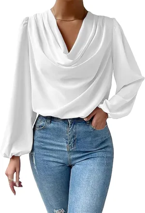 BOFETA Women's Elegant Cowl Neck Satin Blouse Lantern Long Sleeve Shirts Work Solid Color Tunic Shirt