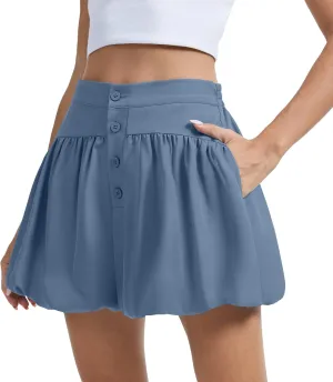 Bubble Shorts for Women Casual Boho Skorts High Waist Puffy Hem Mini Skirts (Denim Blue, S)
