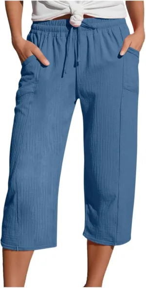 Cotton Linen Capri Pants Women 2025 Summer Casual Capris Wide Leg High Waist Drawstring Cropped Trousers with Pockets