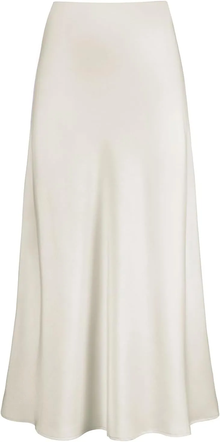 ebossy Women's Elegant Long Satin Skirt Silk Dressy Hidden Elastic Waist Flared A-Line Maxi Skirts
