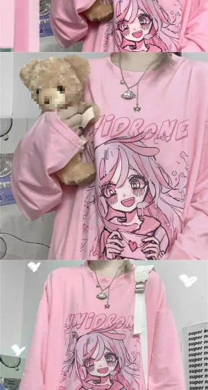 Gothic Harajuku Oversized T-Shirt Kawaii Long Sleeve Pullover Tops Japanese Anime Graphic Emo Outfits Teens Alt Clothes (Pink,L)