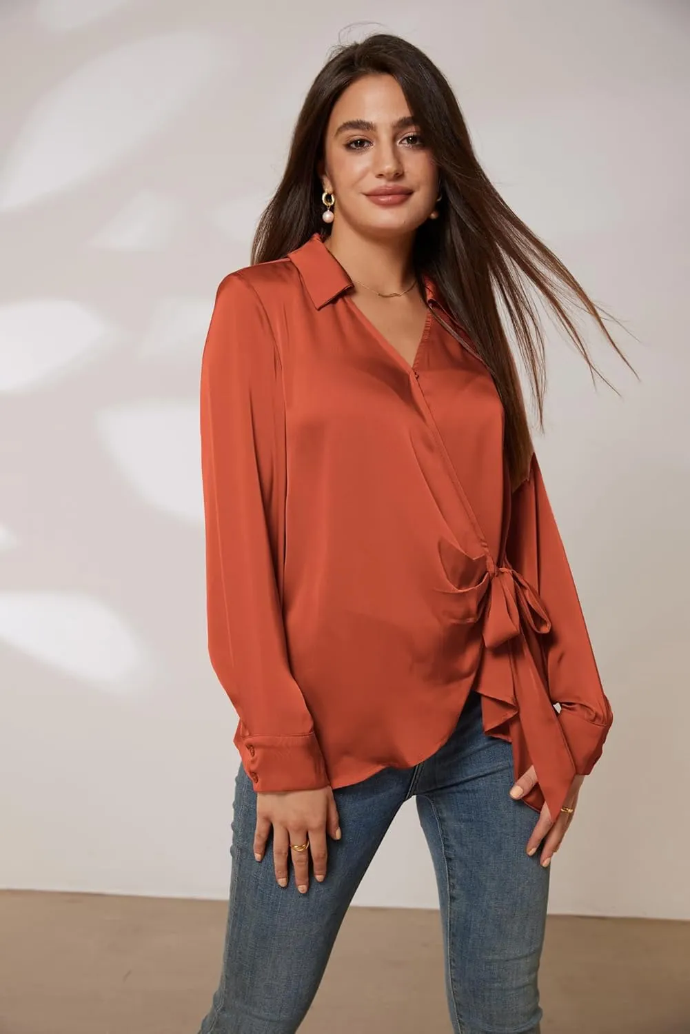 GRACE KARIN Women's Satin Silk Blouses Wrap V Neck Shirts Long Sleeve Elegant Tie Waist Office Formal Work Tunic PulloverTops
