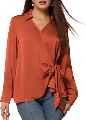 GRACE KARIN Women's Satin Silk Blouses Wrap V Neck Shirts Long Sleeve Elegant Tie Waist Office Formal Work Tunic PulloverTops