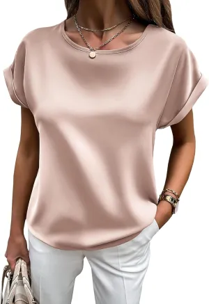 HOTOUCH Women's Short Sleeve Pullover Blouses Satin Silk Shirts Casual Loose Work Tunic Tops