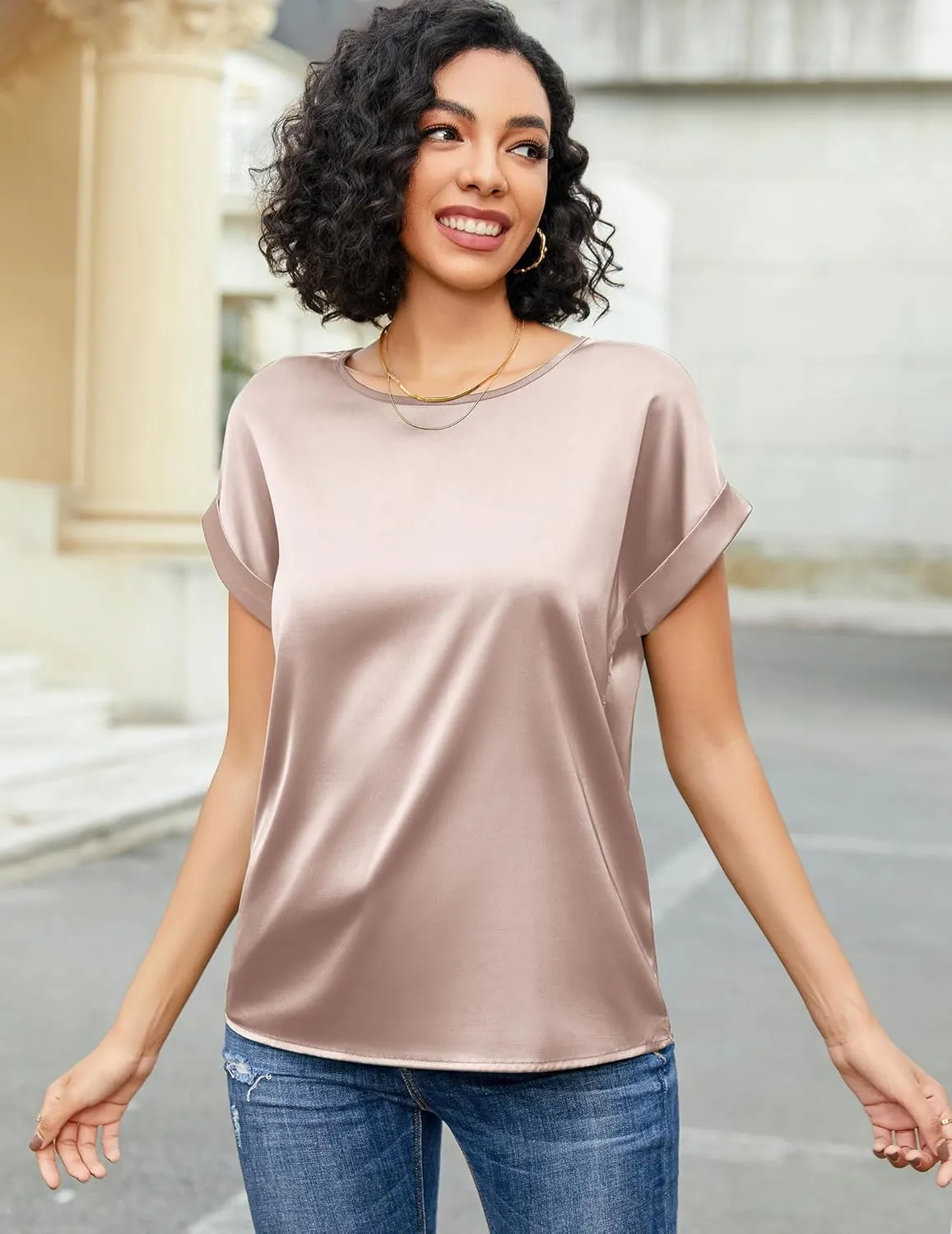 HOTOUCH Women's Short Sleeve Pullover Blouses Satin Silk Shirts Casual Loose Work Tunic Tops