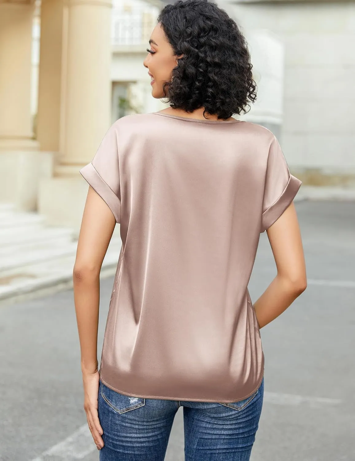HOTOUCH Women's Short Sleeve Pullover Blouses Satin Silk Shirts Casual Loose Work Tunic Tops