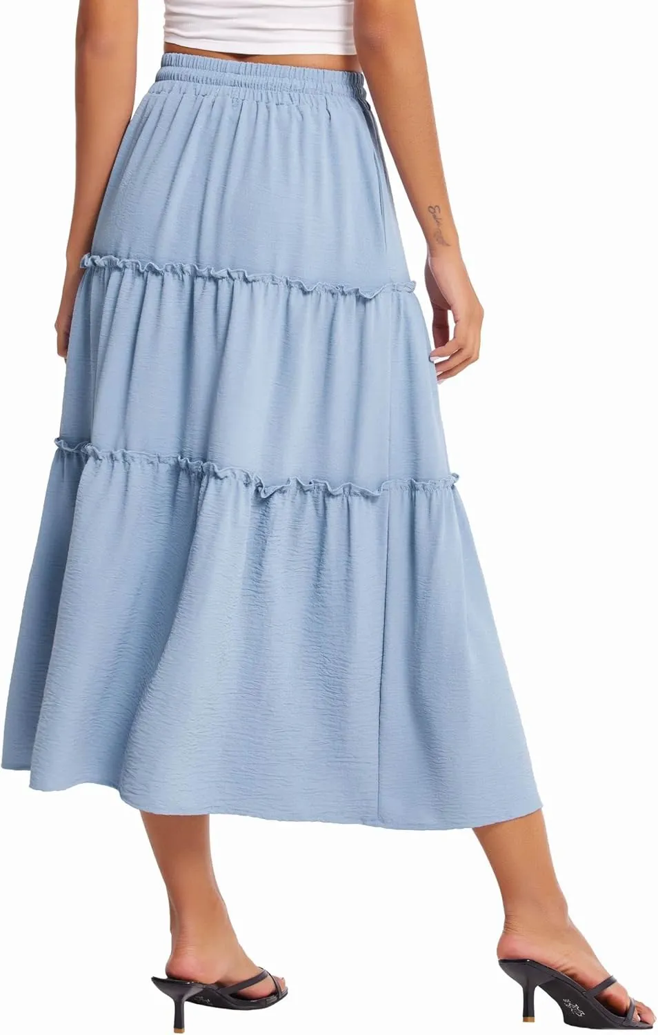 HOTOUCH Womens Skirts for Women Long Length Summer Skirt with Pockets Boho Elastic Waist Tiered Ruffle Midi Skirt Blue