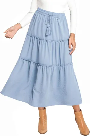HOTOUCH Womens Skirts for Women Long Length Summer Skirt with Pockets Boho Elastic Waist Tiered Ruffle Midi Skirt Blue