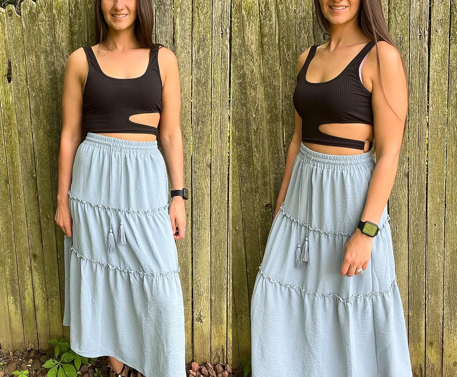 HOTOUCH Womens Skirts for Women Long Length Summer Skirt with Pockets Boho Elastic Waist Tiered Ruffle Midi Skirt Blue