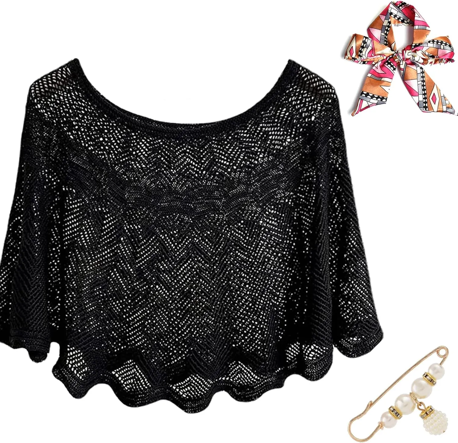 Ice Silk Knitted Shawl, Summer Hollow-Out Knit Wrap for Women
