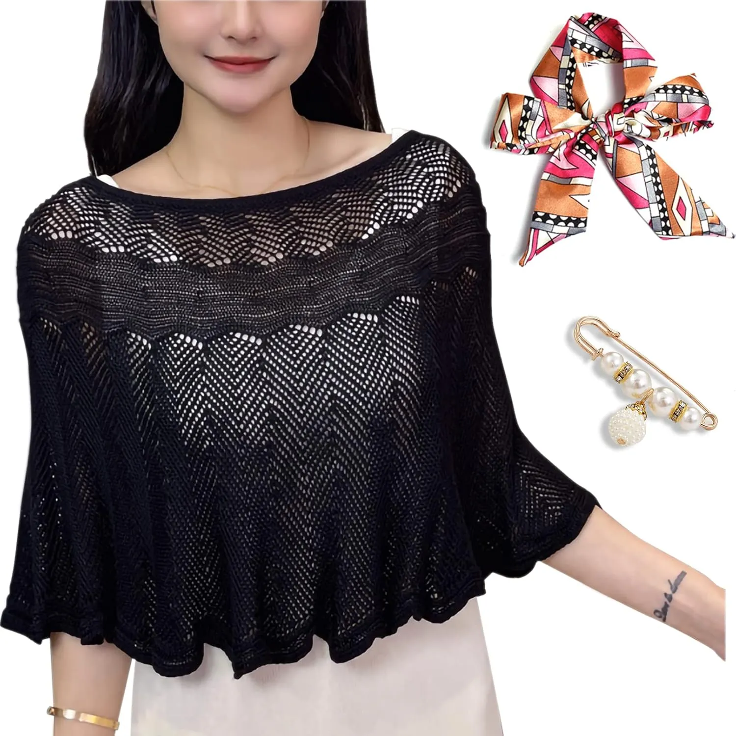 Ice Silk Knitted Shawl, Summer Hollow-Out Knit Wrap for Women